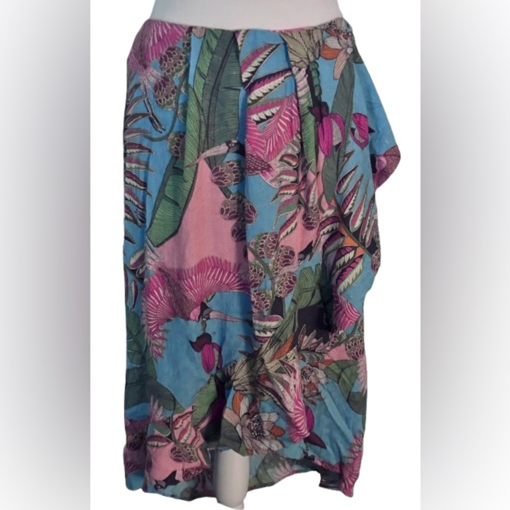 Pink Birds RACHEL ZOE Tropical Skirt  Beach Resort Cruise Ruffled Large Leaves